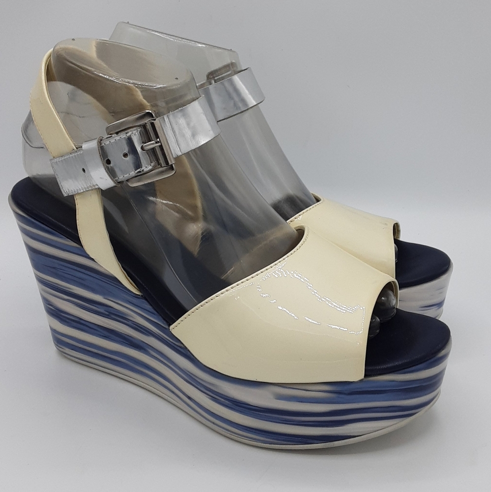 Attilio Giusti Leombruni Cream and Blue Patent Leather Platform Wedge Sandals.